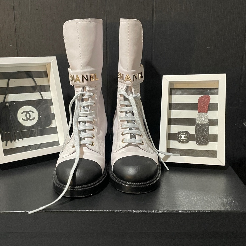 CHANEL Women's Lace-Up Boots in Grey and Black